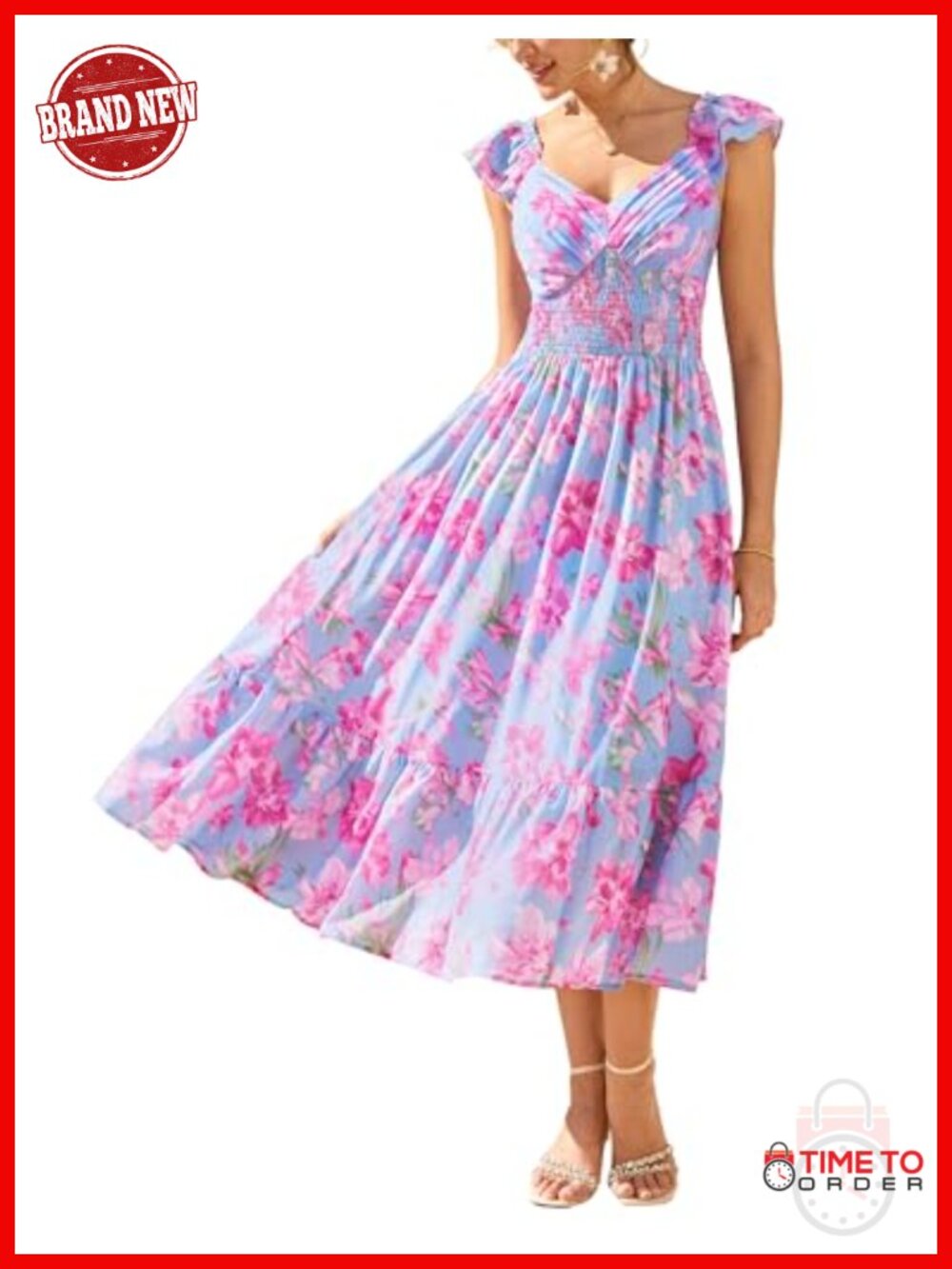 Women's Floral Maxi Wedding Guest Dress V-Neck Ruffle Sleeve Chiffon Formal
